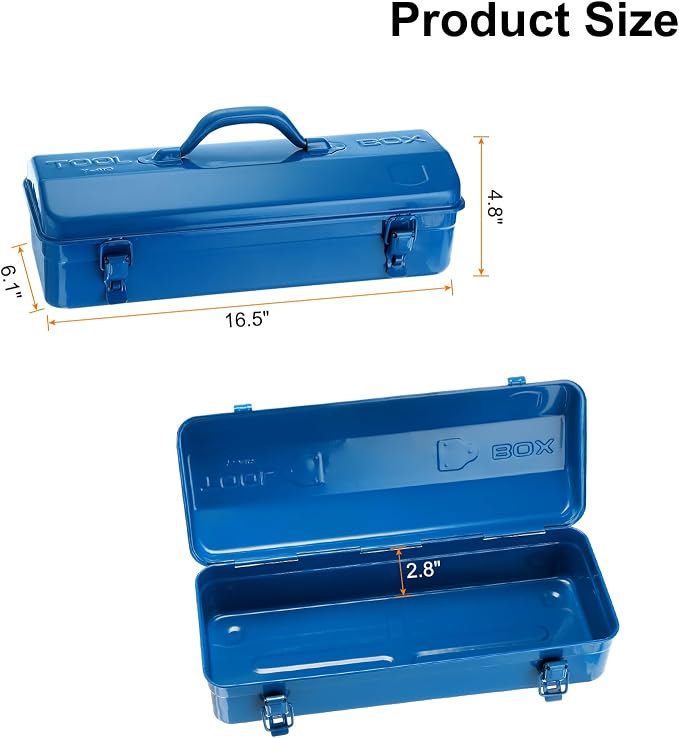 HARFINGTON Tool Box 16.5" Portable Steel Tool Box Hip Roof Style with Metal Latch Closure Tool Chest for Household Workshop Car, Blue