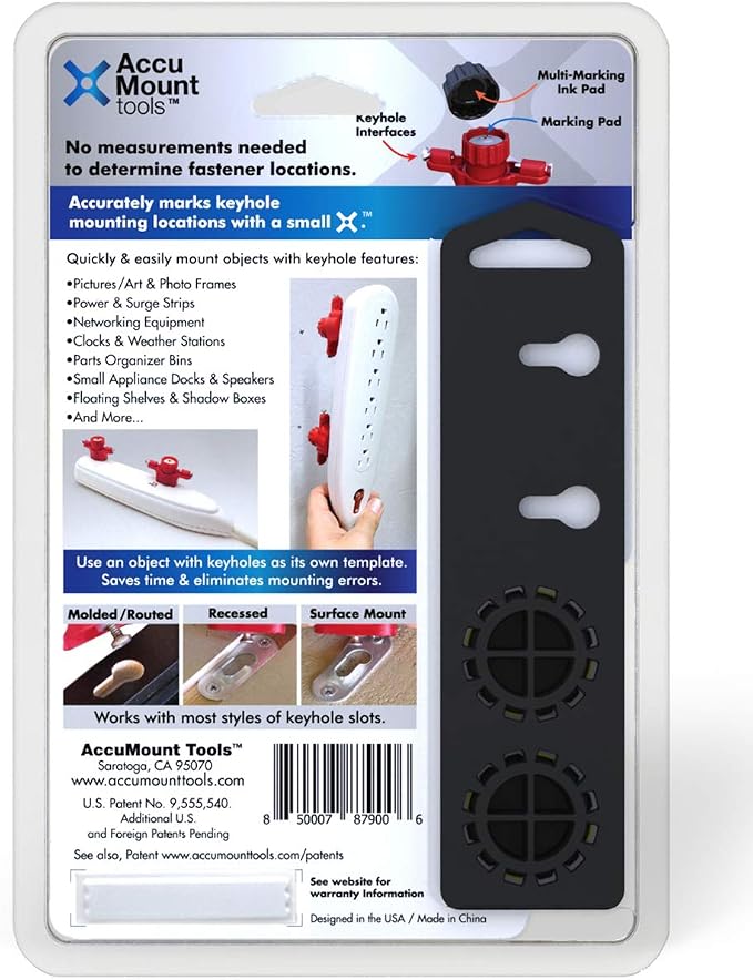 Keyhole Companion Picture Hanging Marking Tool, Keyhole Slot & Sawtooth Hanger Fastener Locator, No-Measure Mounting of Frames, Mirrors, Power Strips, Network Switches, Wall-mount Shelves, Other Items