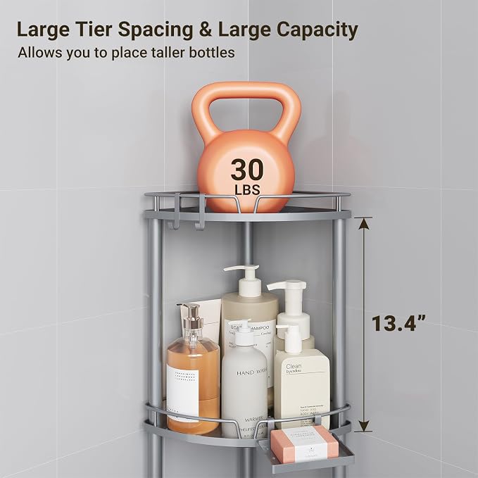 ELYKEN Corner Shower Caddy Standing, 4 Tier Rustproof Metal Shower Organizer with Soap Holder, Floor Shower Corner Shelf Rack Storage Stands with Adjustable Feet & 2 Hooks for Bathroom, Silver