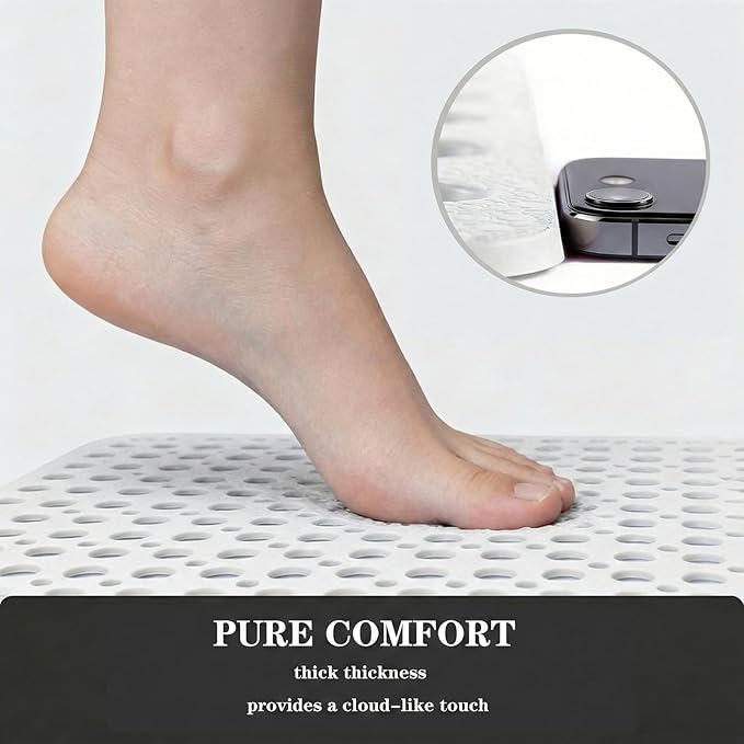 Nonslip Bath Tub Shower Mat with Suction Cups, Extra Soft TPE Bath Mat for Kids, Bathtub Bathroom Mats, Machine Washable, Smooth/Non-Textured Tubs Only, 30L x 17W Inch(White)