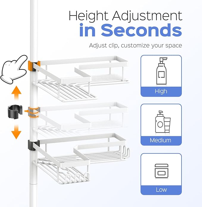 HAMITOR Shower Caddy Tension Pole: 4-Tier Corner Bathroom Organizer Shelf with Soap Holder & Hooks - No-Drill Adjustable Storage Rack for Apartment Renters - 47-123 Inch White