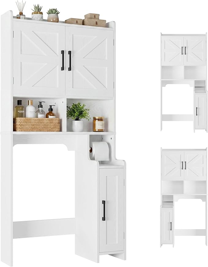 IRONCK 67" Farmhouse Over The Toilet Storage Cabinet, Bathroom Organizer with Door, Adjustable Shelves, Side Cabinet and Toilet Paper Holder, Shelf Cabinet for Bathroom, Restroom, Laundry, White
