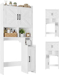 IRONCK 67" Farmhouse Over The Toilet Storage Cabinet, Bathroom Organizer with Door, Adjustable Shelves, Side Cabinet and Toilet Paper Holder, Shelf Cabinet for Bathroom, Restroom, Laundry, White