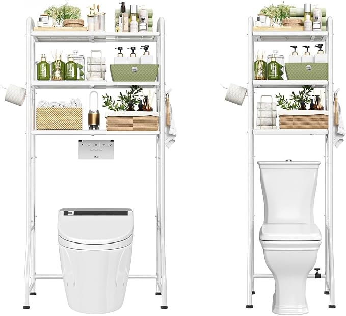 Simple Trending Expandable Over The Toilet Storage Rack, Metal 3 Tier Bathroom Organizer Shelf with Paper Holder and 3 Hooks, White