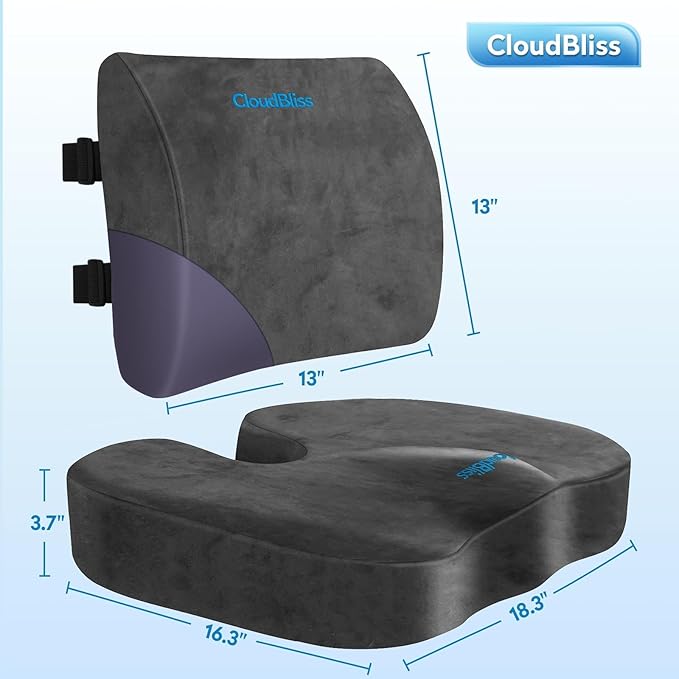 CloudBliss Lumbar Support Pillow & Seat Cushion Set for Office Chair, Desk Chair, Wheelchair & Car–Memory Foam Back Support, Ergonomic Chair Cushions,Sciatica Pain Relief,Home Essentials(Grey,XL)