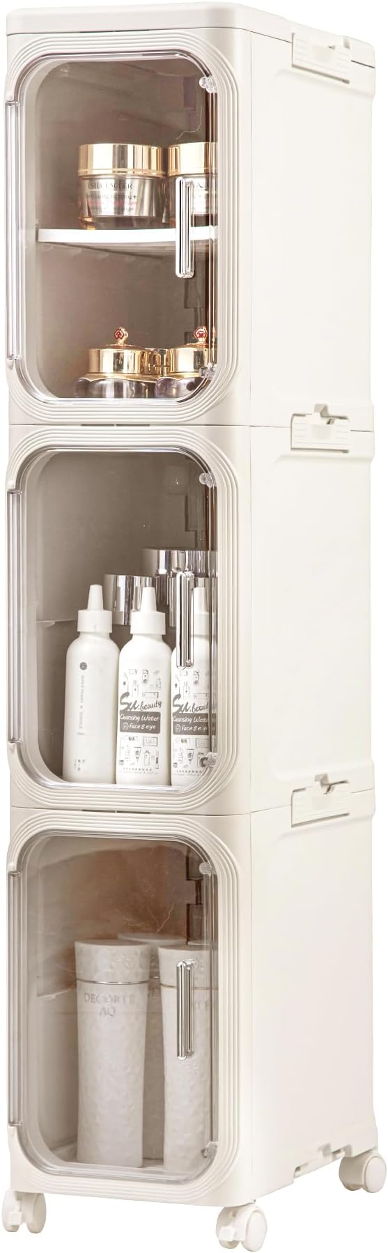 3-Tier Tall Narrow Storage Cabinet, Slim Bathroom Storage Cabinet with Adjustable Shelves and Wheels, Narrow Organizer for Small Space, Bathroom, Kitchen, Laundry, Cream White