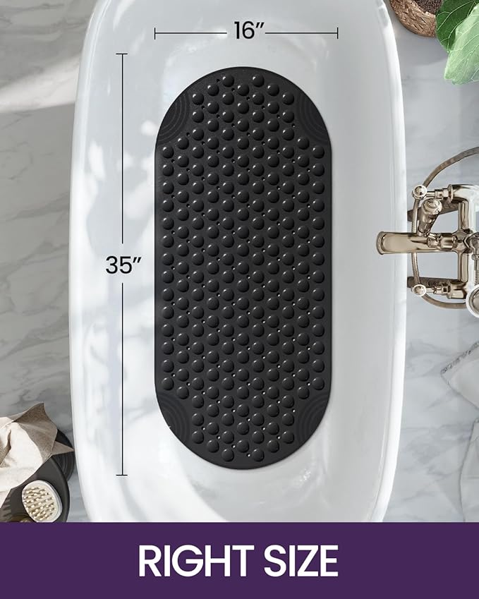 DEXI Bathtub Mat Non Slip 16x35, Shower Floor Mats for Bathroom Bath Tub, Washable Oval Bathmat with Suction Cups and Drain Holes, Black