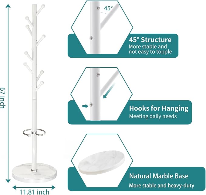 OIRUMIE Coat Rack with Natural Marble Base, Metal Coat Racks Freestanding, Modern Coat Rack Stand with 8 Hooks& Umbrella Holder, White Coat Clothes Tree Hats Hanger Stand for Entryway, Hallway