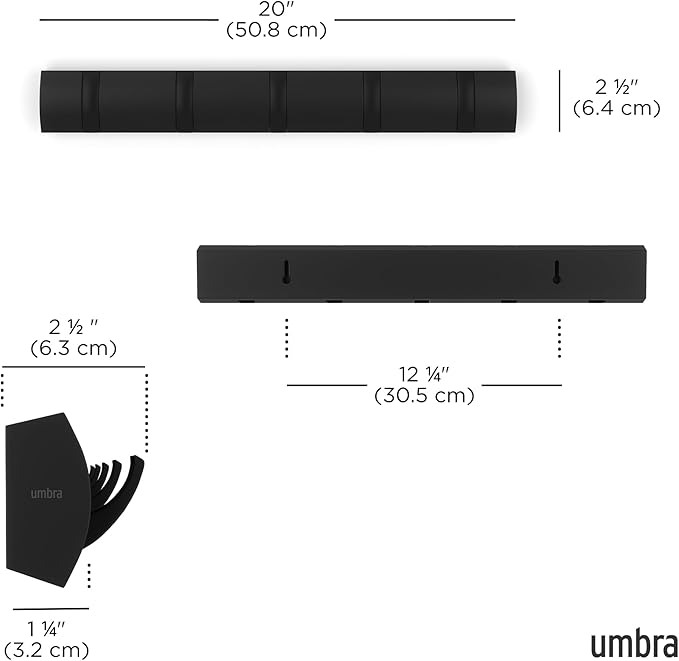 Umbra Flip Wall-Mounted Coat Rack with 5 Hooks – Modern, Space-Saving Storage for Hats, Jackets, Bags, Entryway, Mudroom, Closet, Bathroom, Bedroom – Black