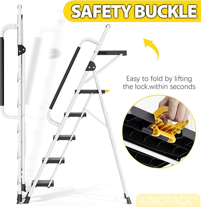 KINGRACK Folding 5-Step Ladder, 800 lbs Capacity Step Stool with Safety Lock, Tool Tray, Non-Skid Wide Steps, Handrail, Household Folding Ladder for Home, Garden, Painting, Outdoor, and Garage, White