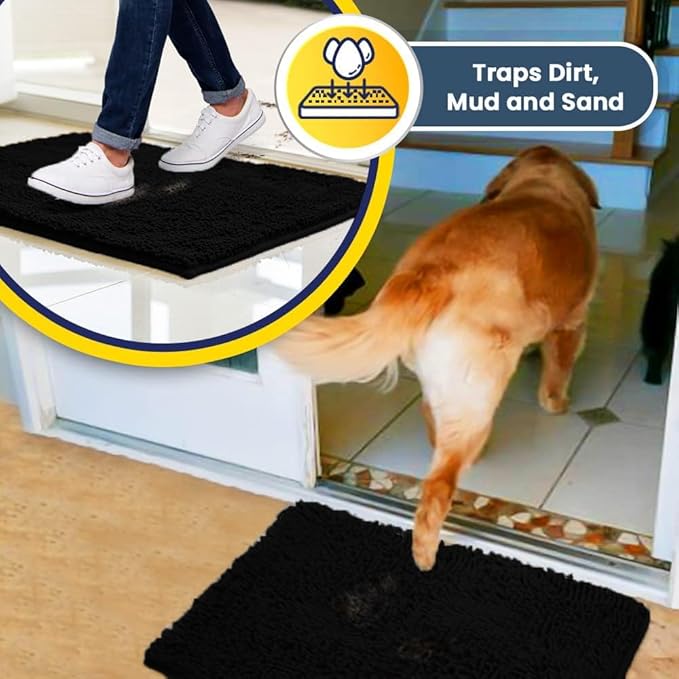 Muddy Mat® | Super Absorbent Door Mat Indoor, Microfiber Quick Dry Chenille Entryway Rug, Non-Slip Front Door Mat, Indoor Mats for Entryway, Machine Washable Pet Rug, Black 30"x19"