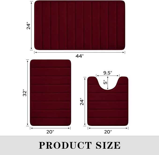 BYSURE Burgundy Memory Foam Bathroom Rug Set 3 Piece, Non Slip Extra Soft Absorbent Machine Washable Toilet Bath Toilet Mat (17"x24"+20"x32"+U Shape 20"x24")