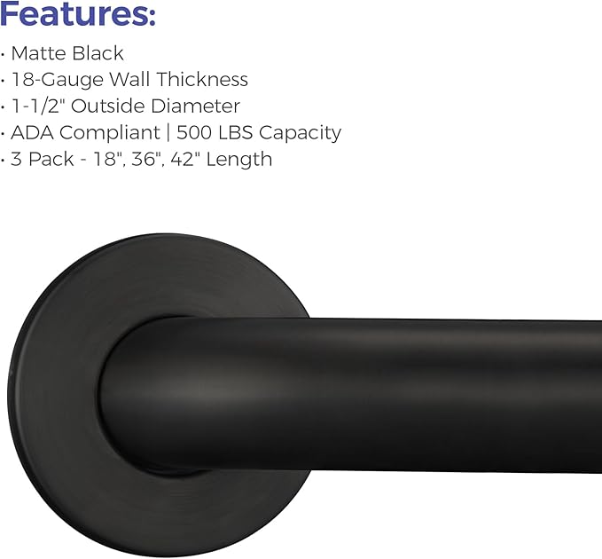 Stardrix Grab Bar Bundle for ADA Compliance, Matte Black Stainless Steel Grab Bar Set for Commercial and Residential Restrooms, 1.5" Diameter - 18", 36", 42" - Pack of 3