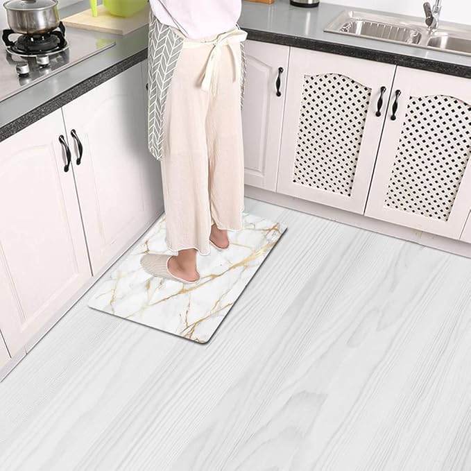 Mrcrypos White Gold Marble Small Kitchen Mat for Floor PVC Leather Kitchen Rug Waterproof Cushioned Anti Fatigue Comfort Mat Non Slip Standing Mat Laundry Kitchen Accessories 17"x29" Luxury Marble