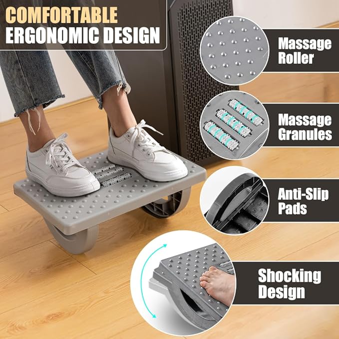 CasaZenith Foot Rest for Under Desk at Work - Ergonomic Foot Stools for Under Office Desk - Rocking Footrest with Roller Massager - Leg Rest for Chair, Computer Gaming -13" L x 9.6" W x 5" H (Gray)