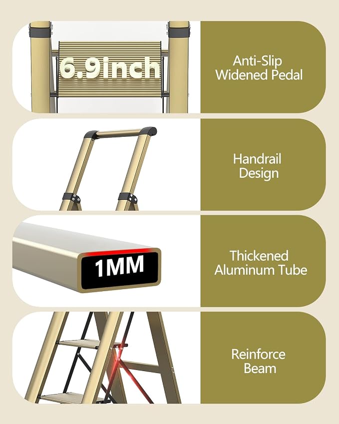 WOA WOA 4 Step Ladder, Ladders for Home, Anti-Slip Pedals, Aluminum Step Stool Foldable, Lightweight to Move, Ease of Storage, Reach 9ft for Closet Kitchen Library, Hold 300lbs - Gold