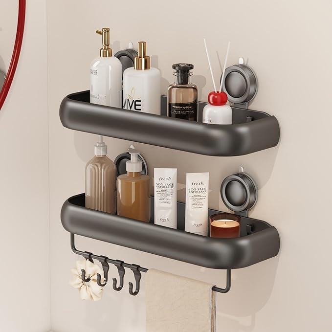 CICUFY Shower Caddy Suction Cup, 2 Pack No Drilling Corner Shower Shelves, Rust Proof Bathroom Storage Organizer, Shower Corner Caddy with Removable Hooks and Towel Bar, Square, Grey