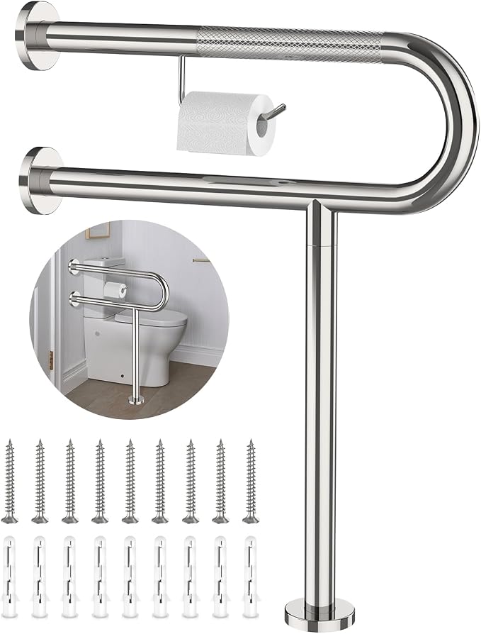Toilet Grab Bar with Leg 24x28 Inch, ZUEXT Chrome Knurled Toilet Support Bar with Toilet Paper Holder, Stainless Steel Wall & Floor Mounted Bathroom Support Rail for Seniors Elderly Disabled Pregnant