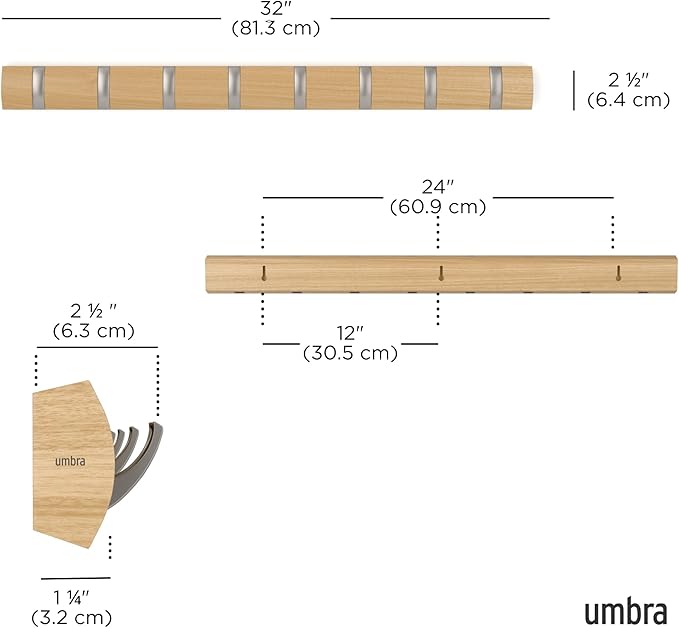 Umbra Flip Wall-Mounted Coat Rack with 8 Hooks – Modern, Space-Saving Storage for Hats, Jackets, Bags, Entryway, Mudroom, Closet, Bathroom, Bedroom – Natural/Nickel