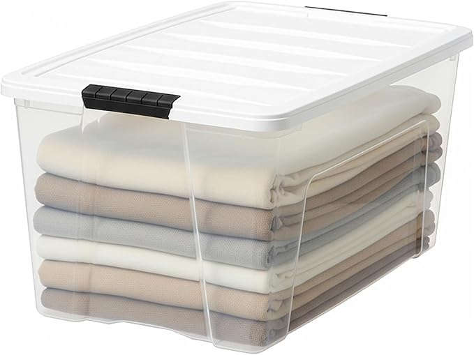IRIS USA 72 Qt Stackable Plastic Storage Bins with Lids, 8 Pack - BPA-Free, Made in USA - See-Through Organizing Solution, Latches, Durable Nestable Containers, Secure Pull Handle - Clear/White