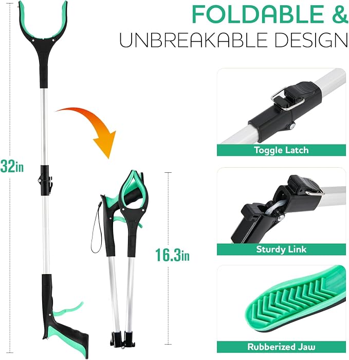 Grabber Reacher Tool,32 Inch Extra Long Foldable Pick Up Stick with Strong Grip Magnetic,360°Rotating Anti-Slip Jaw,Trash Claw Grabber Tool,Trash Picker Tool for Outdoor & Indoor (Green)