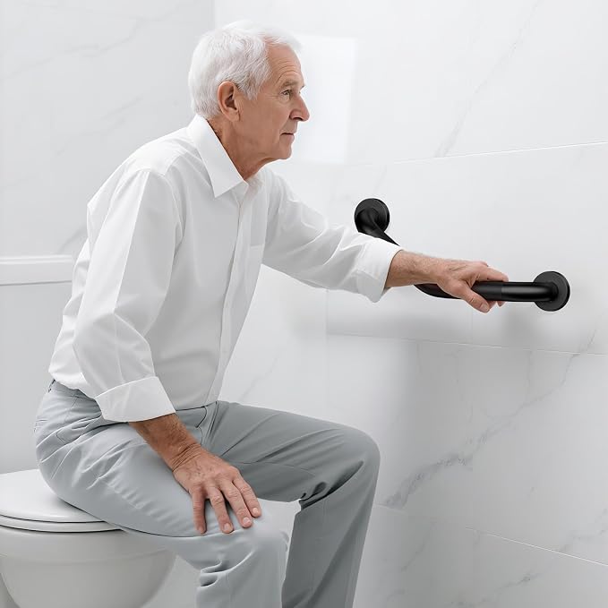 16 Inch Angled Shower Grab Bar Black, Munzong 2 Pack Anti Slip Bathroom Grab Bar, Knurled Bathroom Balance Bar,Safety Hand Rail Support Handicap Elderly Injury Senior Assist Bath Handle-1.25” Tube
