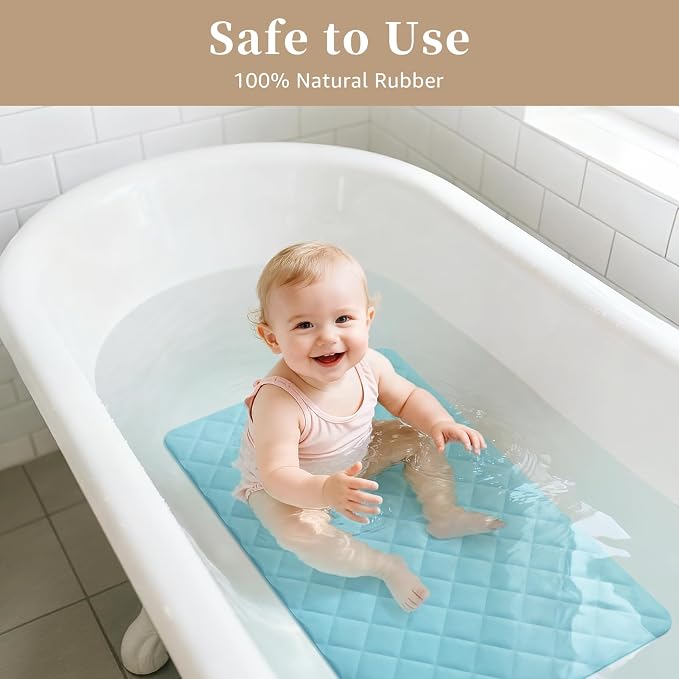 Yolife Bathtub Shower Mat Non Slip, Natural Rubber Bath Tub Floor Liner Mats with Strong Suction Cups for Inside Shower Bathroom, Machine Washable, Soft on Feet, 27.5 x 17 Inch, Blue