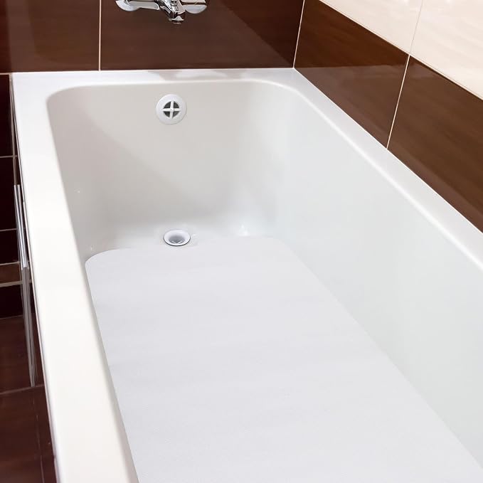 Dunzoom 16" x 40" Non Slip Bathtub Mat with Drain Cut Out Non Skid Safety Bath Mat Adhesive Peel and Stick Bath Tub Mat Arc Angle PEVA Tub Anti Slip Stickers for Shower Floor Wet Areas(White)