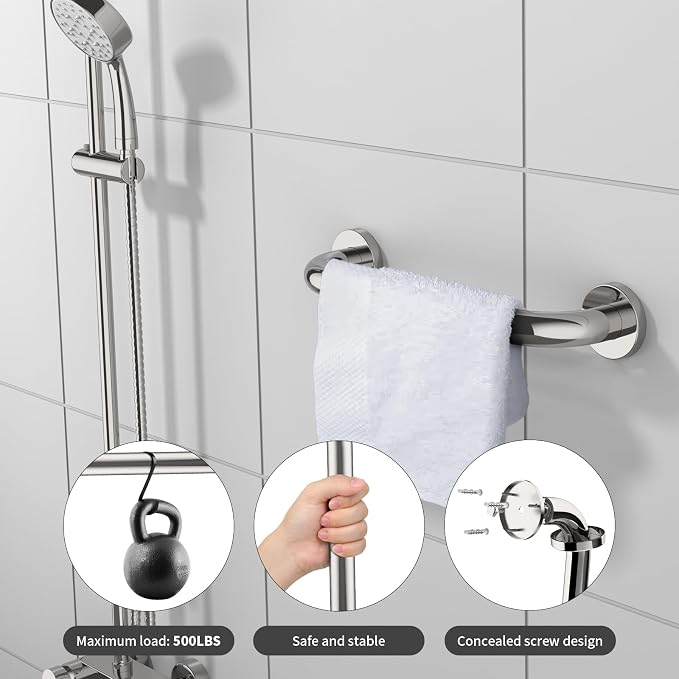 2 Pack 12 Inch Shower Grab Bar, ZUEXT Chrome Stainless Steel Bathroom Grab Bar, Shower Handle, Bathroom Balance Bar, Safety Hand Rail Support - Handicap, Elderly, Injury, Senior Assist Bath Handle