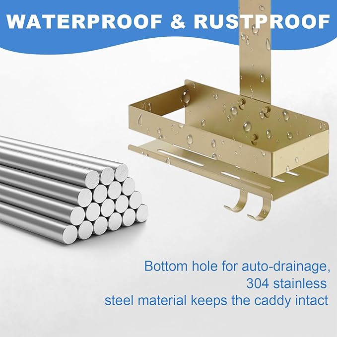 Gold Shower Caddy Over Shower Door - 2 Tier Hanging Shower Caddy Organizer No Drilling, Shower Storage Shelf for Indoor Shower, Bathroom, Bedroom, Kitchen