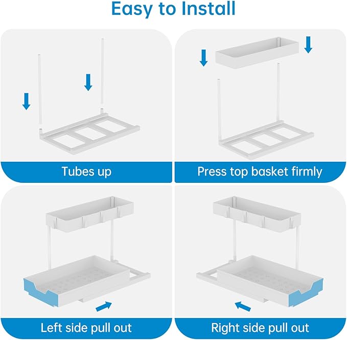 NATURE'S SOURCE 2-Tier Under Sink Organizers and Storage 2 Pack Sliding L-shape Under Cabinet Organizers For Narrow Space Multi-purpose Sink Organizer for Bathroom Kitchen Drawer(White 2 Pack)