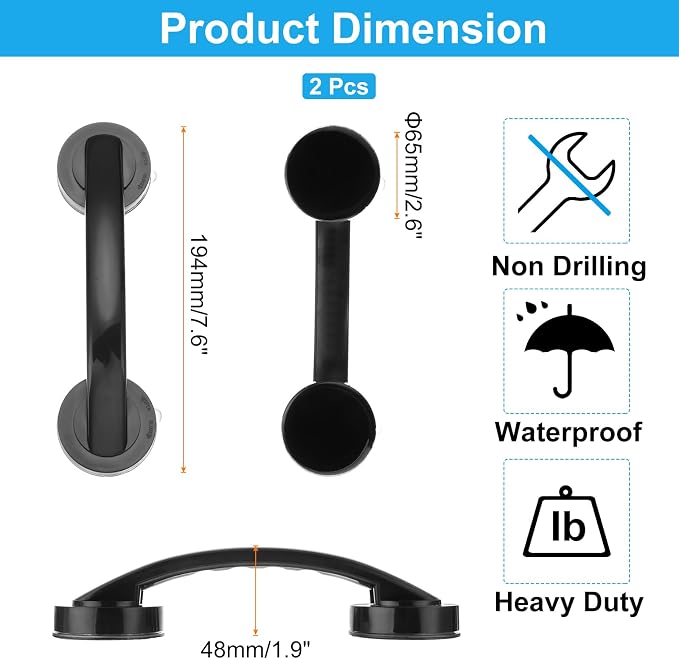 uxcell 2pcs Grab Bars for Bathtubs and Showers, 7.6" Mirror Glass Door and Window Handles Powerful Shower Suction Cup Anti-Slip Safety Bars for Senior Shower Chairs Black