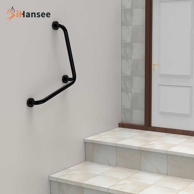 Black Angled Grab Bar 16x16 Inch, Stainless Steel Bathroom Grab Bar w/Anti-Slip Knurled Grip, Wall Mounted Bathtub Toilet Safety Handrail for Elderly Senior, L-Shaped Grab Bar for Shower