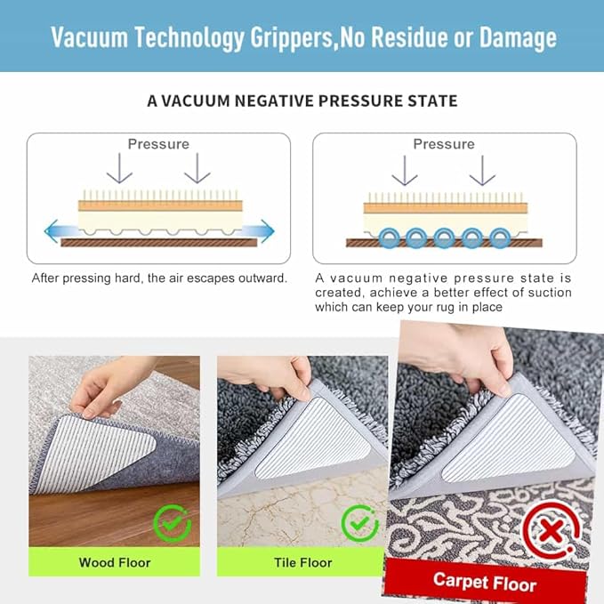 Rug Corner Gripper Non Slip - Self Adhesive Rug Pads Grippers for Hardwood Floors, Reusable Carpet Tape for Tile Floors, Cuttable Rug Stickers Keep Corners Flat (12x12cm)