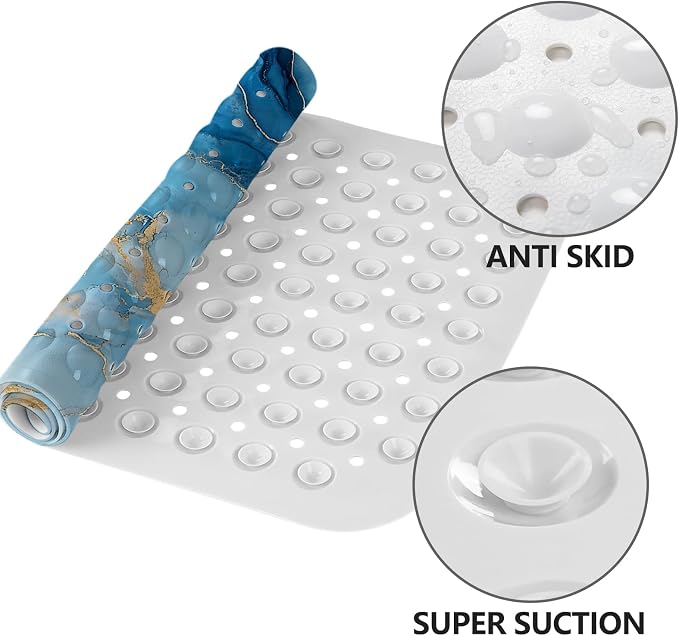LNOND Marble Bath Tub Mat Non Slip, Extra Long 40 X 16 Inch Anti Slip Mat for Bathtub, Blue Gold Marble Shower Mat with Drain Holes and Suction Cups, Machine Washable