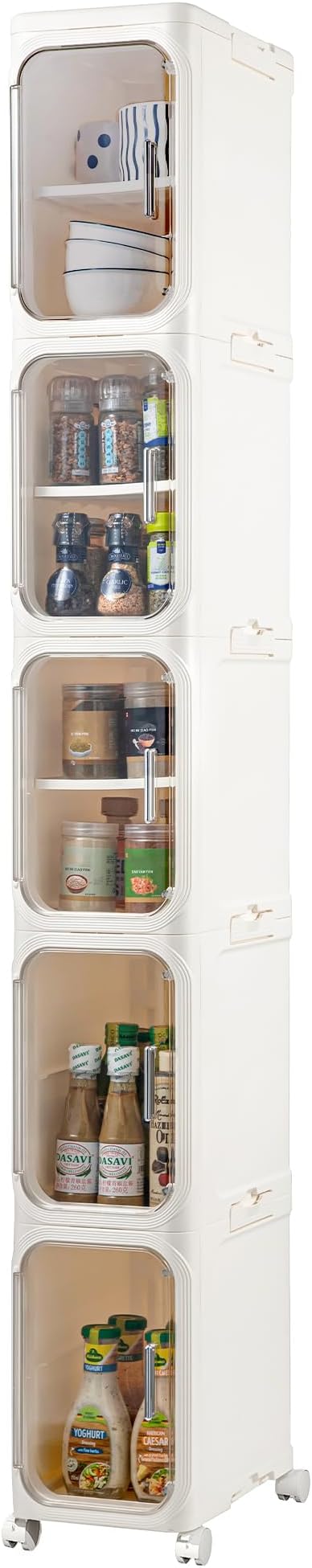 LXLXXL 5-Tier Narrow Storage Cabinet Slim Bathroom Storage Cabinet with Movable Wheels Tall Bathroom Organizer Skinny Cabinet for Small Spaces，Beige