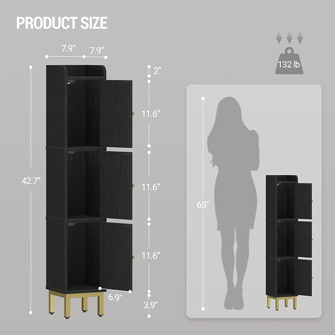 Hzuaneri Slim Bathroom Storage Cabinet, Narrow Bathroom Organizers and Storage with 4 Adjustable Feet, Laundry Room Organization for Small Space, Kitchen, Living Room, 3 Doors Black BC22304G