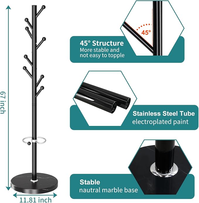 OIRUMIE Coat Rack with Natural Marble Base, Metal Coat Racks Freestanding, Modern Coat Rack Stand with 8 Hooks& Umbrella Holder, Black Coat Clothes Tree Hats Hanger Stand for Entryway, Hallway