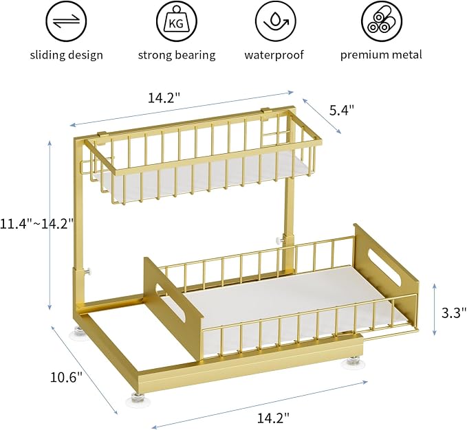 Saydear Under Sink Organizer Storage 2-Tier Premium Metal Pull-Out Kitchen Cabinet Organizer with Sliding Drawer, Height Adjustable, Heavy Duty for Kitchen & Bathroom Organizers 2 Pack Gold