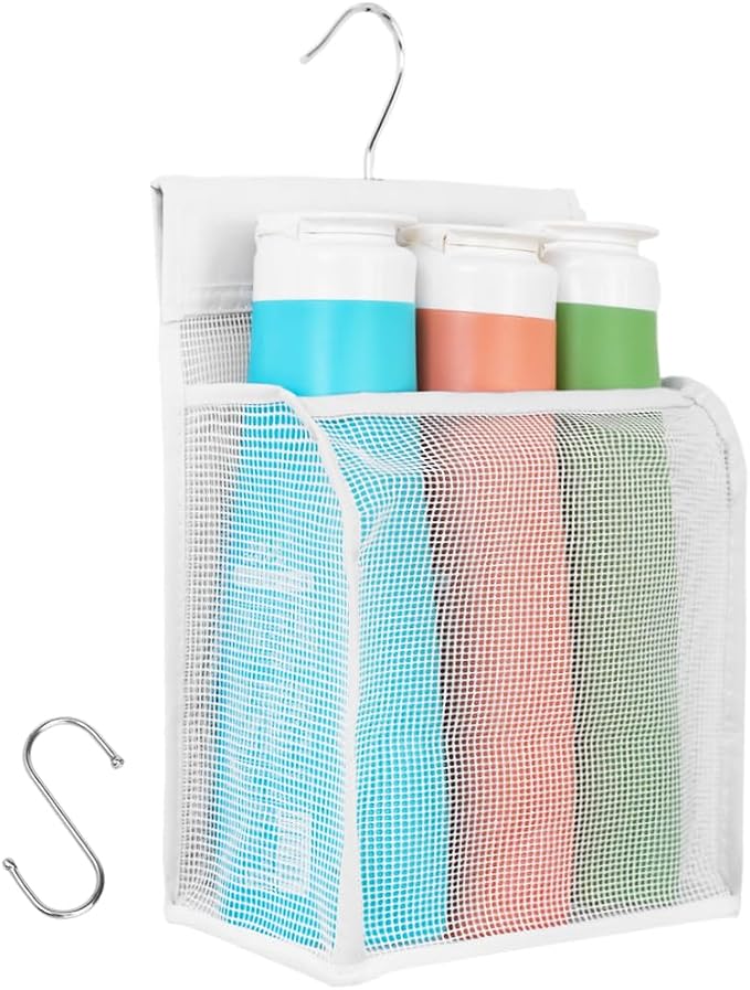 ALYER Hanging Mesh Shower Caddy Organizer Bathroom Storage Bag with Hooks for College Dorm, Gym, Swimming,RV and Travel,White