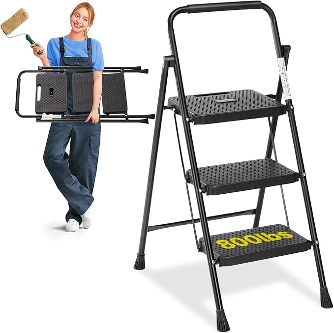Simple Deluxe 3 Step Ladder, Step Stool Foldable, 800lbs Portable Ladder with Wide Anti-Slip Pedal, Step Stool for Adults, Lightweight Step Ladder for Home Kitchen and Outdoor, Black