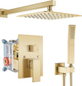 gotonovo Rainfall Bathroom Shower System Rain Shower Head and Handle Set Wall Mounted Shower Complete Combo Solid Brass Pressure Balancing Shower Mixer Valve 10 Inch Brushed Gold
