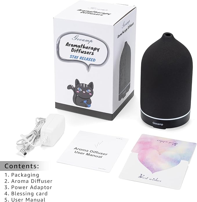 Gooamp 200ML Ceramic Essential Oil Diffuser - Ultrasonic Aromatherapy & Humidifier with 7-Color LED Lights, Auto Shut-Off, Black, 1H/3H/6H Timer | Scent for Home, Office, Yoga
