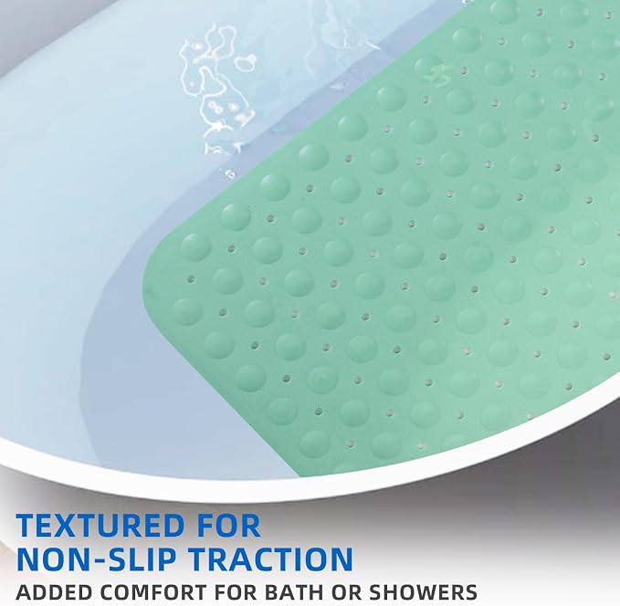 ZHICHENG Bath Tub and Shower Mats, Non-Slip 39 x 16 Inch Extra Long Bath Mat, Machine Washable Bathtub Mat with Drain Holes, Suction Cups for Bathroom (Green)