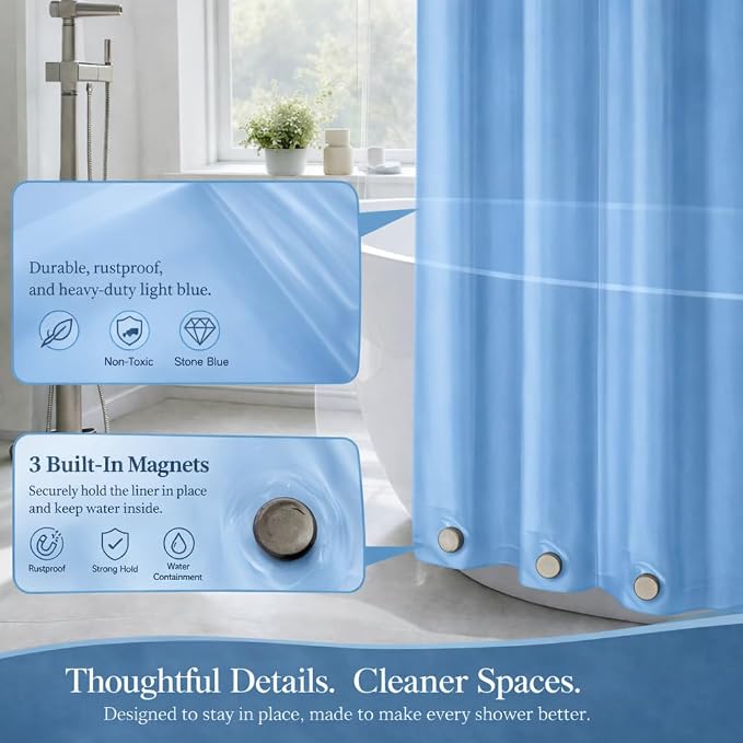 EHZNZIE Light Blue Shower Curtain Liner 72x72, PEVA Waterproof Bath Curtain, No Chemical Smell, 3 Weighted Magnets, Durable with Rustproof Metal Grommets