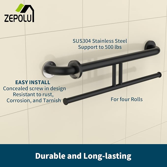 24 inch Black Grab Bar w/Double Roll Toilet Paper Holder, Zepolu 2-in-1 Safety Assist Bar Balanced Support Handle, Stainless Steel Wall Mounted Bathroom Toilet Grab Bar for Senior Elderly Handicap