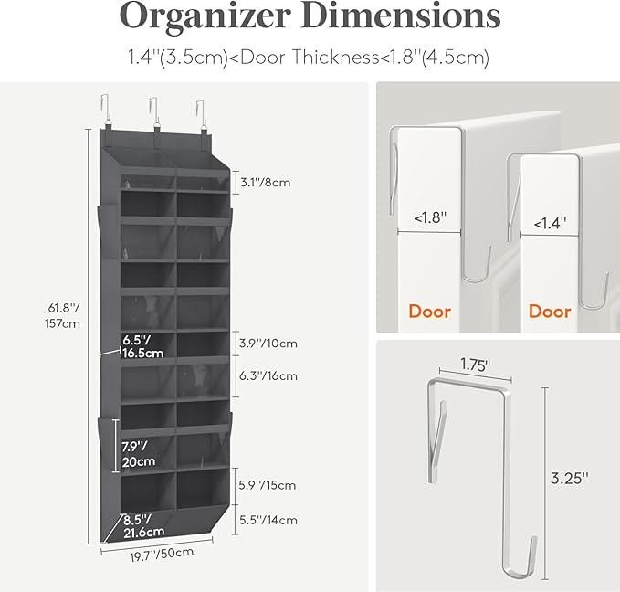 Lifewit 1 Pack Over the Door Organizer, 12 Section Clear Window Hanging Storage with 4 Side Pockets, Sturdy Anti Tilt 40 lbs Load Behind Door for Closet, Bedroom, Bathroom, Nursery, Dorm, Dark Gray