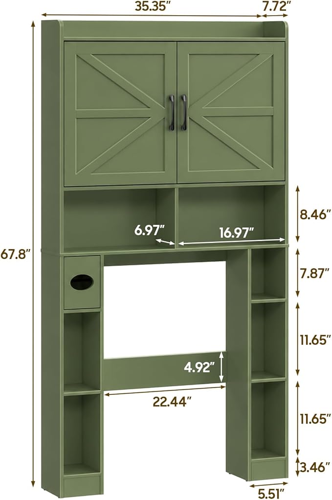 Vabches Over The Toilet Storage Cabinet, Farmhouse Toilet Cabinet Rack with Barn Doors, Space Saving Bathroom Organizer with Shelves, Toilet Paper Holder and Towel Rack for Bathroom,Laundry, Green