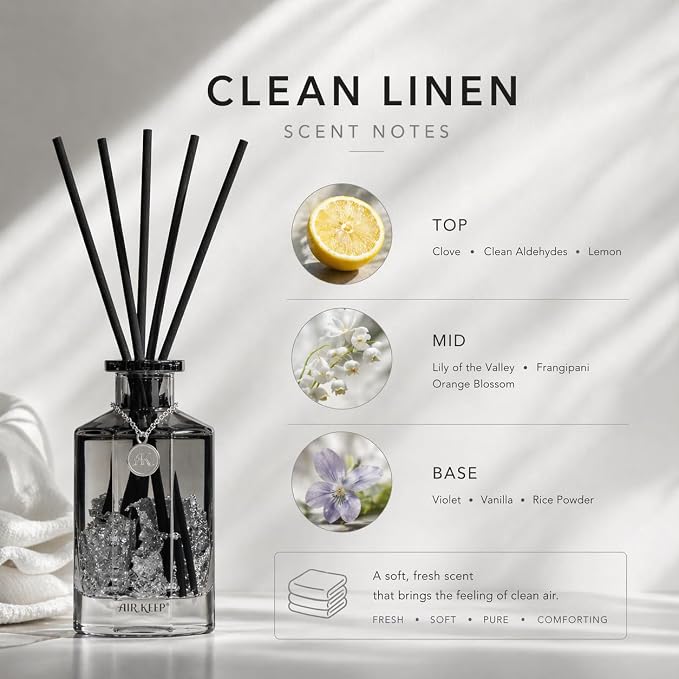 Airkeep Reed Diffuser Set,Clean Linen Luxury Scented Diffuser with Sticks Long Lasting Home Fragrance for Bathroom Shelf Decor 6.09 fl oz (180ml)