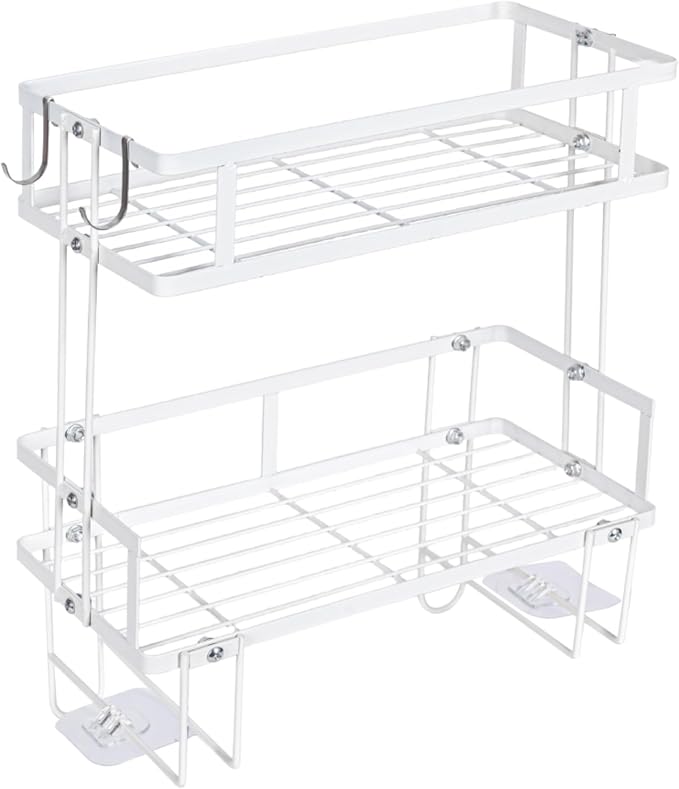 PowerKing Over The Toilet Storage Shelf, 2-Tier Bathroom Organizer Rack with 2 Hooks, No-Drill, Rust-Resistant Steel, Toilet Paper Holder for Restroom Bathroom, White
